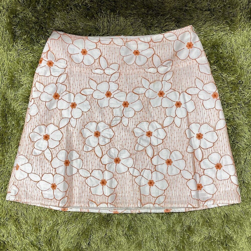 Vintage Sevier Skirt - Orange & White Embroidered Floral Mini Skirt - Size L